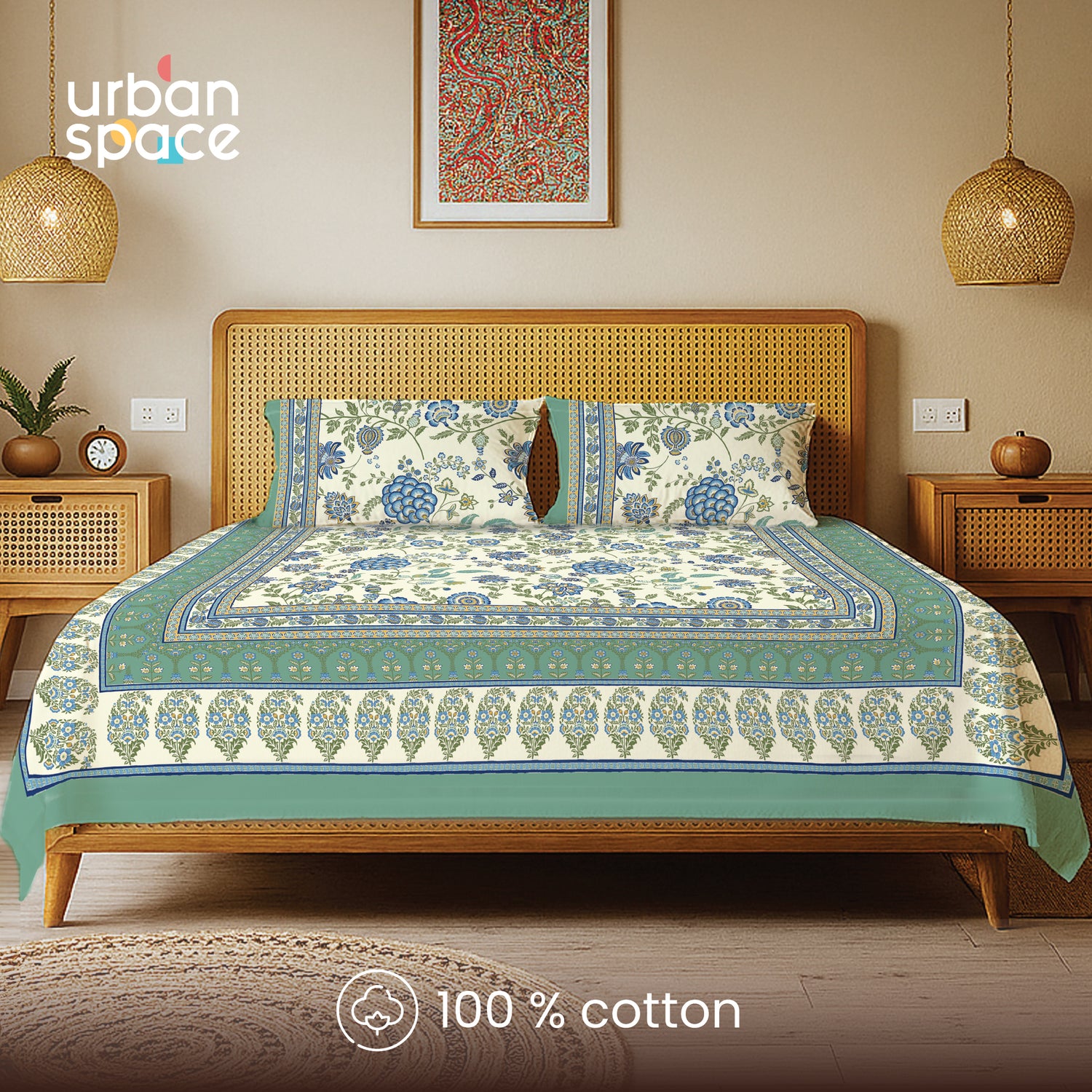 Rajasthani Ethnic 100% Cotton Bedsheet with 2 Pillow Covers, King Bed - Gulbagh Sage Green