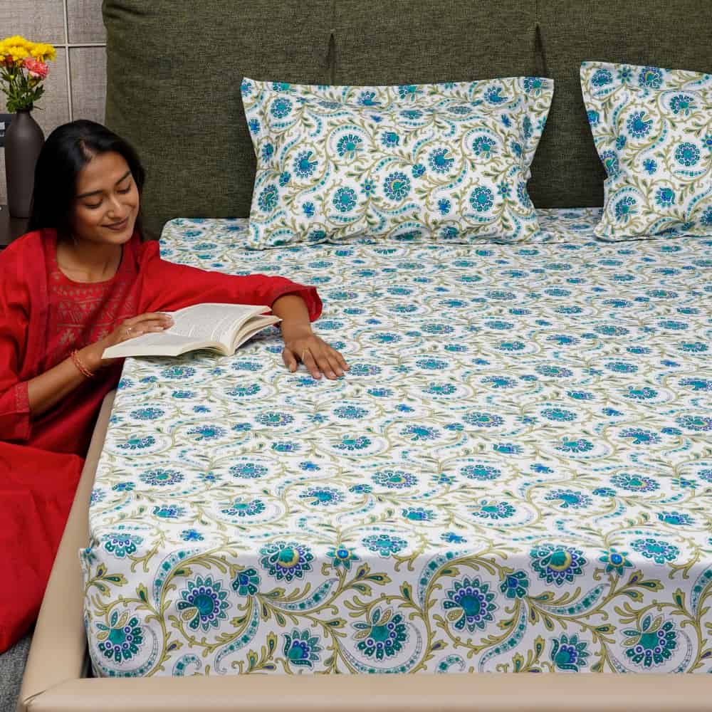Fitted King Size Cotton Bedsheet - Guldaudi Floral- Blue