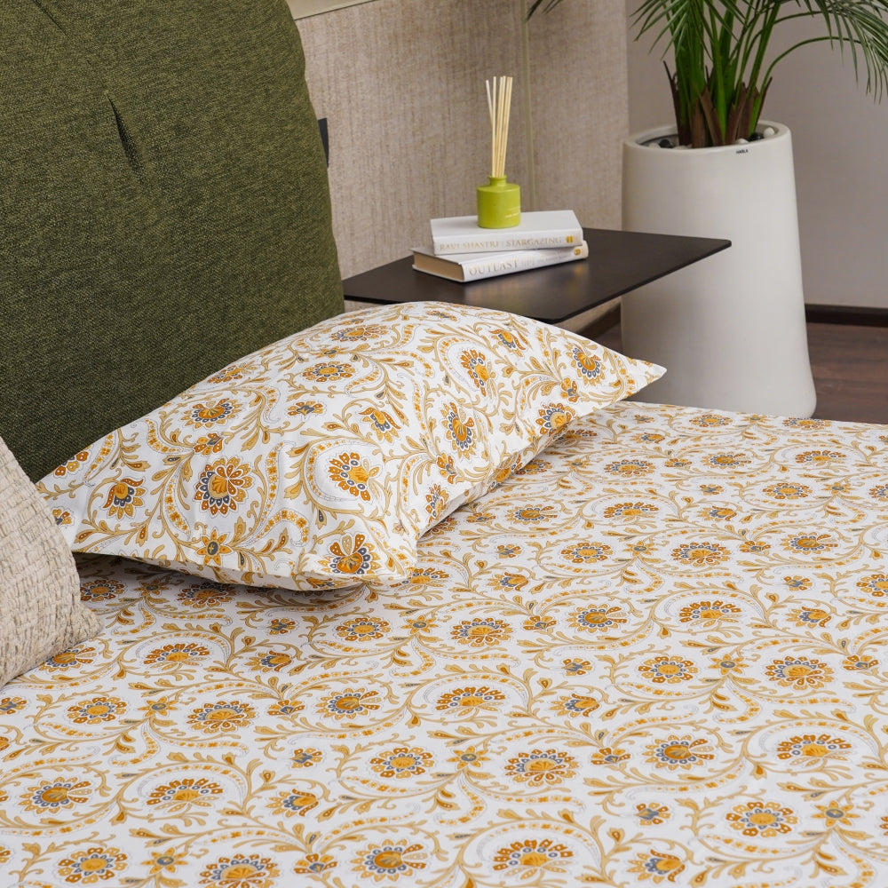 Fitted King Size Cotton Bedsheet - Guldaudi Floral - Brown