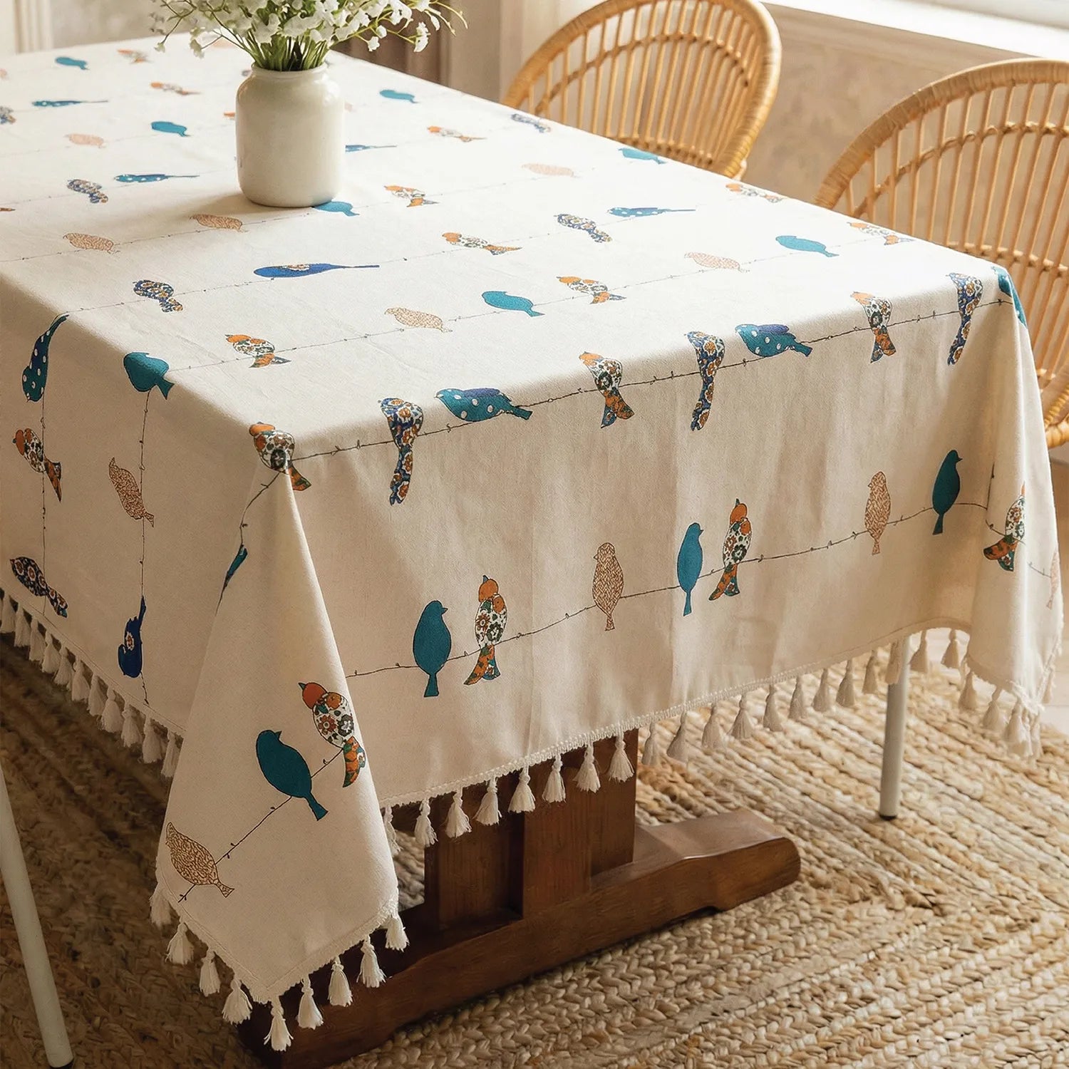 100% Cotton Table Cloth Runner for 4 or 6 Seater Dining/Centre Table - Humming Bird Blue