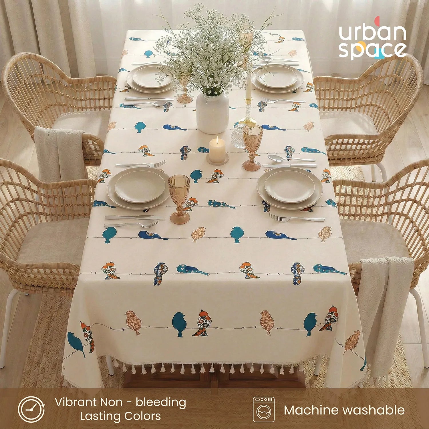 100% Cotton Table Cloth Runner for 4 or 6 Seater Dining/Centre Table - Humming Bird Blue