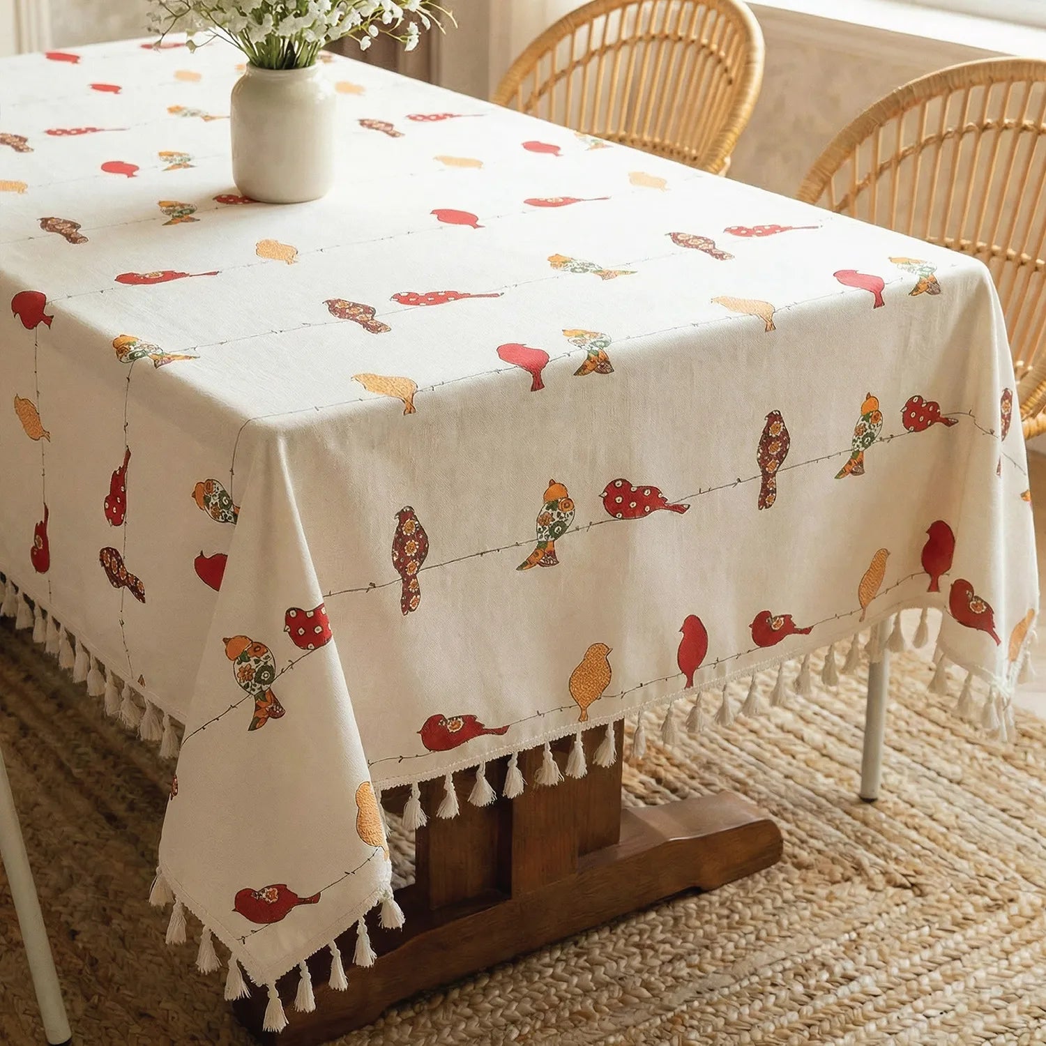 100% Cotton Table cloth/ table cover for 4 or 6 seater Dining / Centre Table - Humming Bird Red