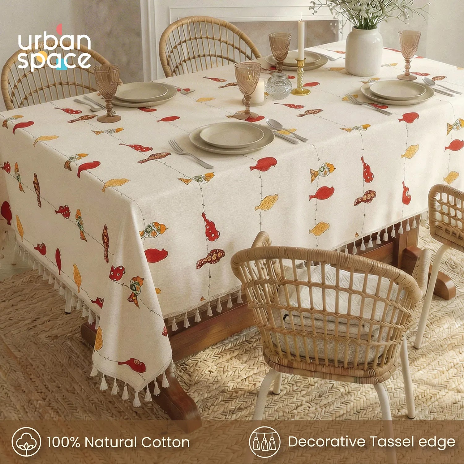100% Cotton Table cloth/ table cover for 4 or 6 seater Dining / Centre Table - Humming Bird Red