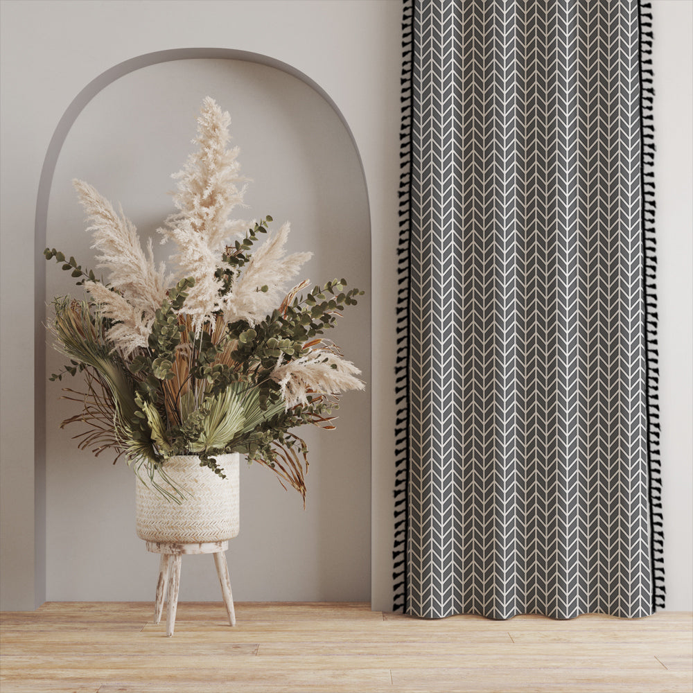 100% Cotton Room Darkening Curtains, Pack of 1 Curtain - Bohemian Herringbone Grey