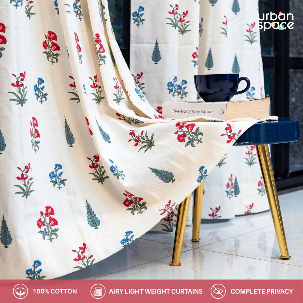 Cotton Curtains + Cotton Table Cover - (Combo 2 - High Garden Red + High garden Red)