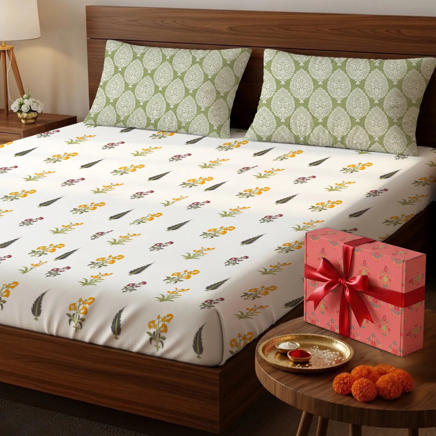 200 TC 100% Cotton Bedsheet Set in Gift Box - High Garden Yellow