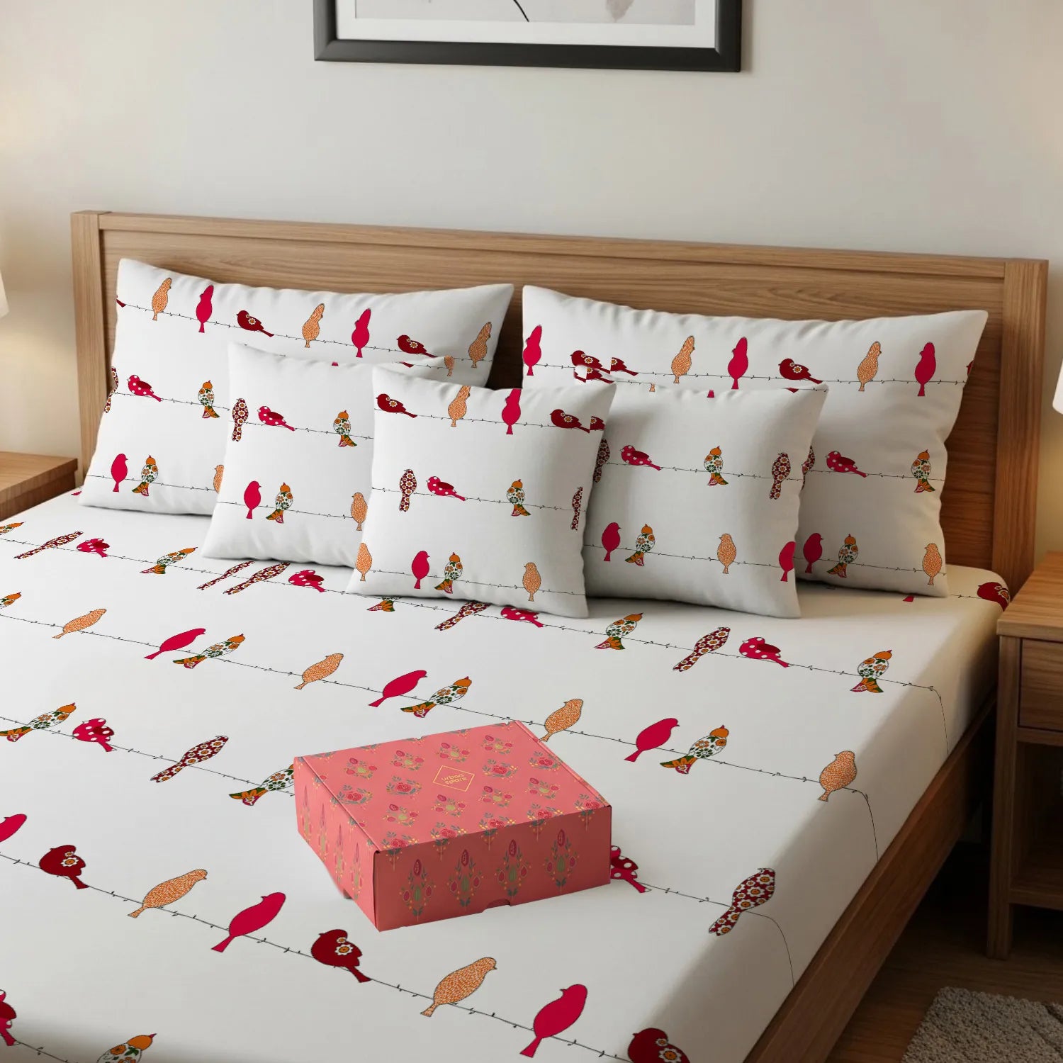 Cotton Double Bedsheet with 3 Cushion Covers in Gift Box Set, Humming Bird Red