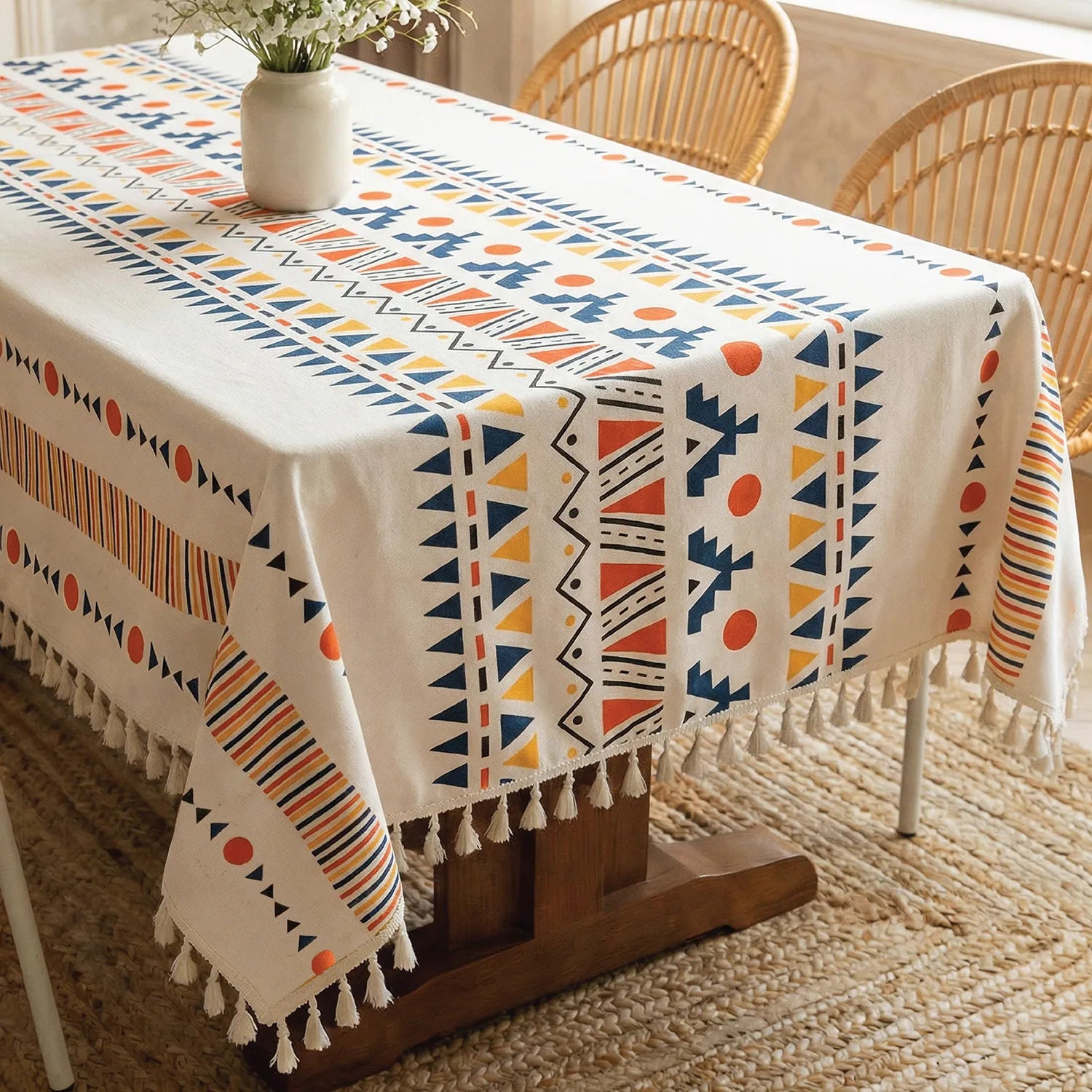 100% Cotton Table cloth/ table cover for 4 or 6 seater Dining / Centre Table - Ikat Orange