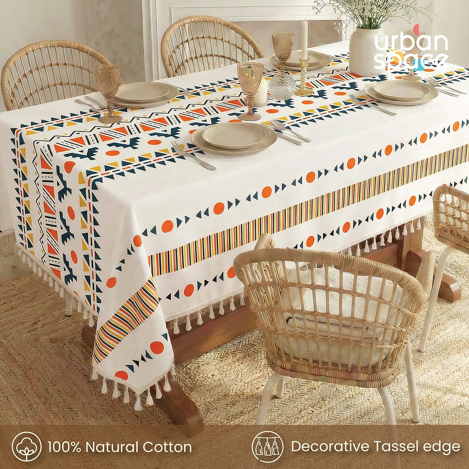 100% Cotton Table cloth/ table cover for 4 or 6 seater Dining / Centre Table - Ikat Orange