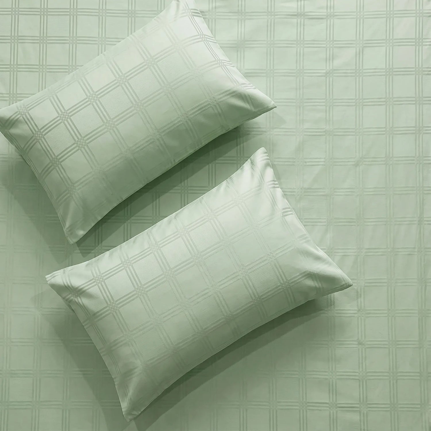 Fitted King Size 300 TC Super Soft Bedsheet, Self Woven Checks Design - Sage Green Checks