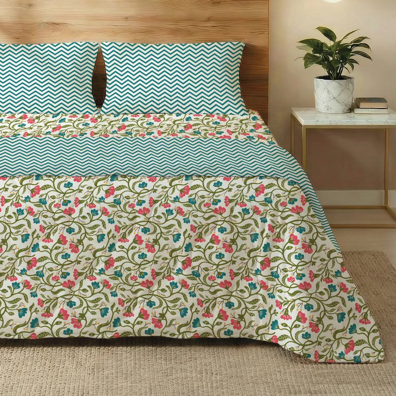 Microfiber Bedsheet + AC Microfiber Dohar Combo Pack - Kashmir Pink & Blue