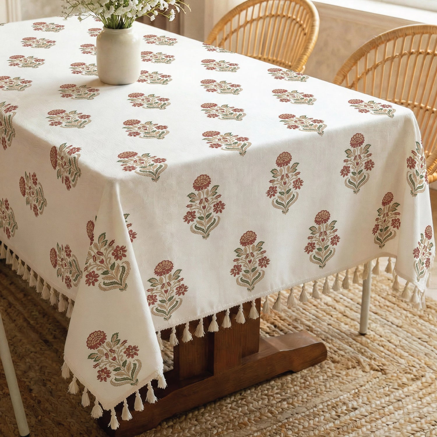 100% Cotton Dining Table Cover, Printed Cotton Table Cloth with Boho Tassels -Liberty Maroon