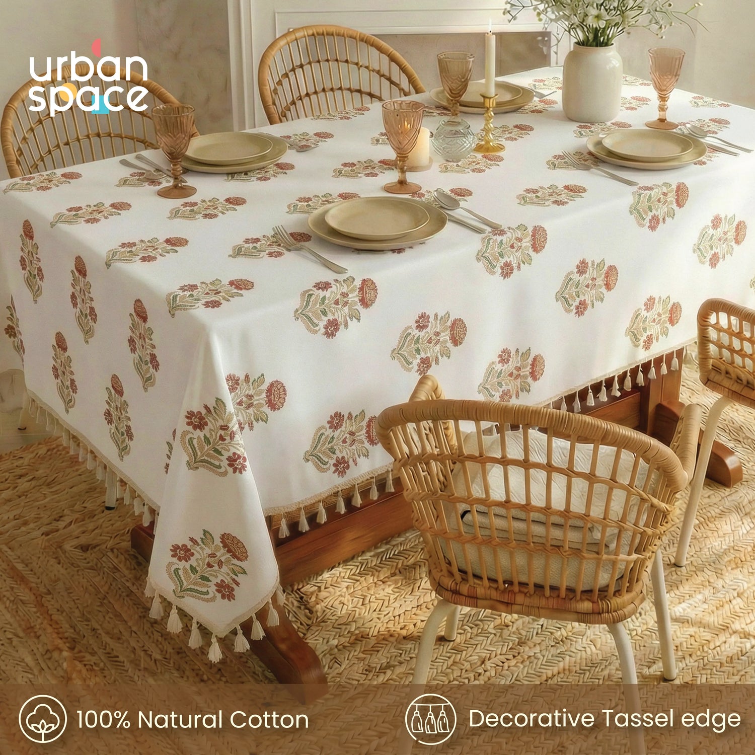 100% Cotton Dining Table Cover, Printed Cotton Table Cloth with Boho Tassels -Liberty Maroon