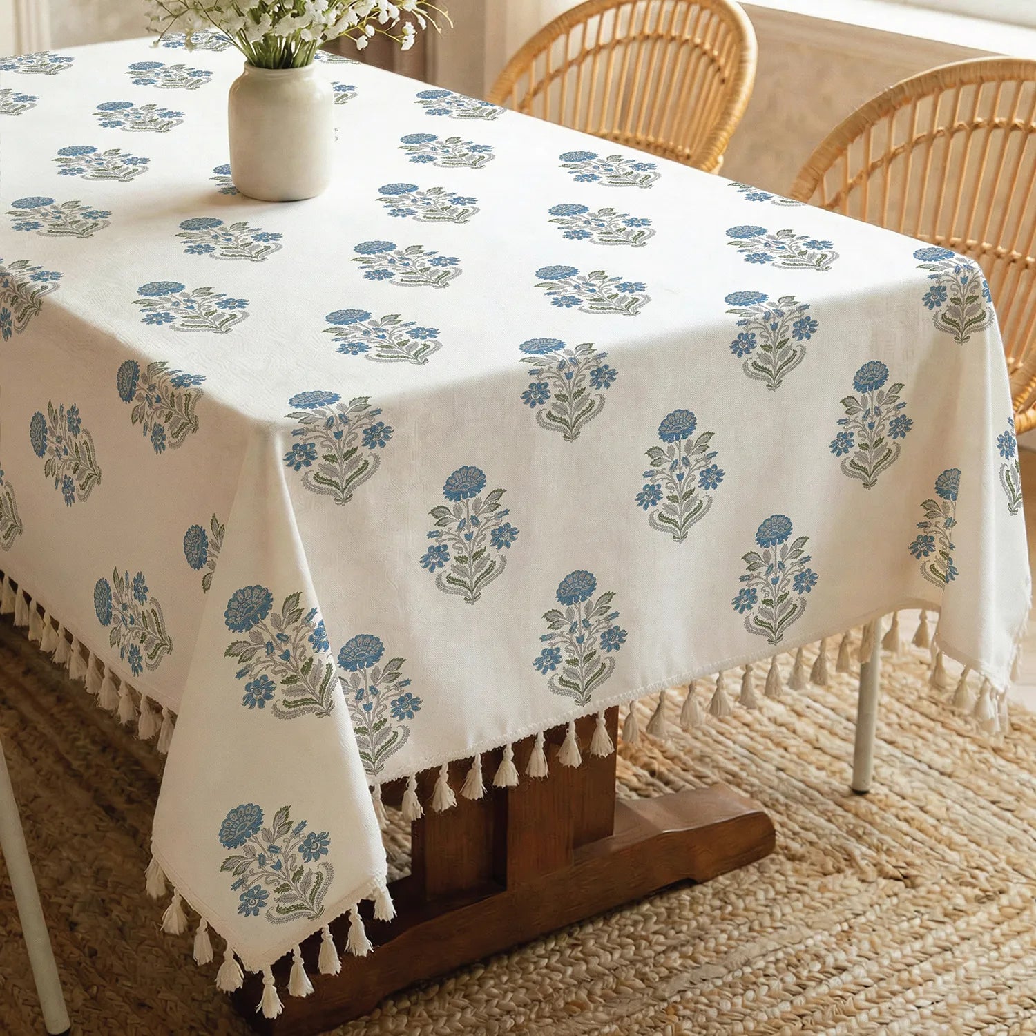 100% Cotton Dining Table Cover, Printed Cotton Table Cloth with Boho Tassels - Liberty Blue