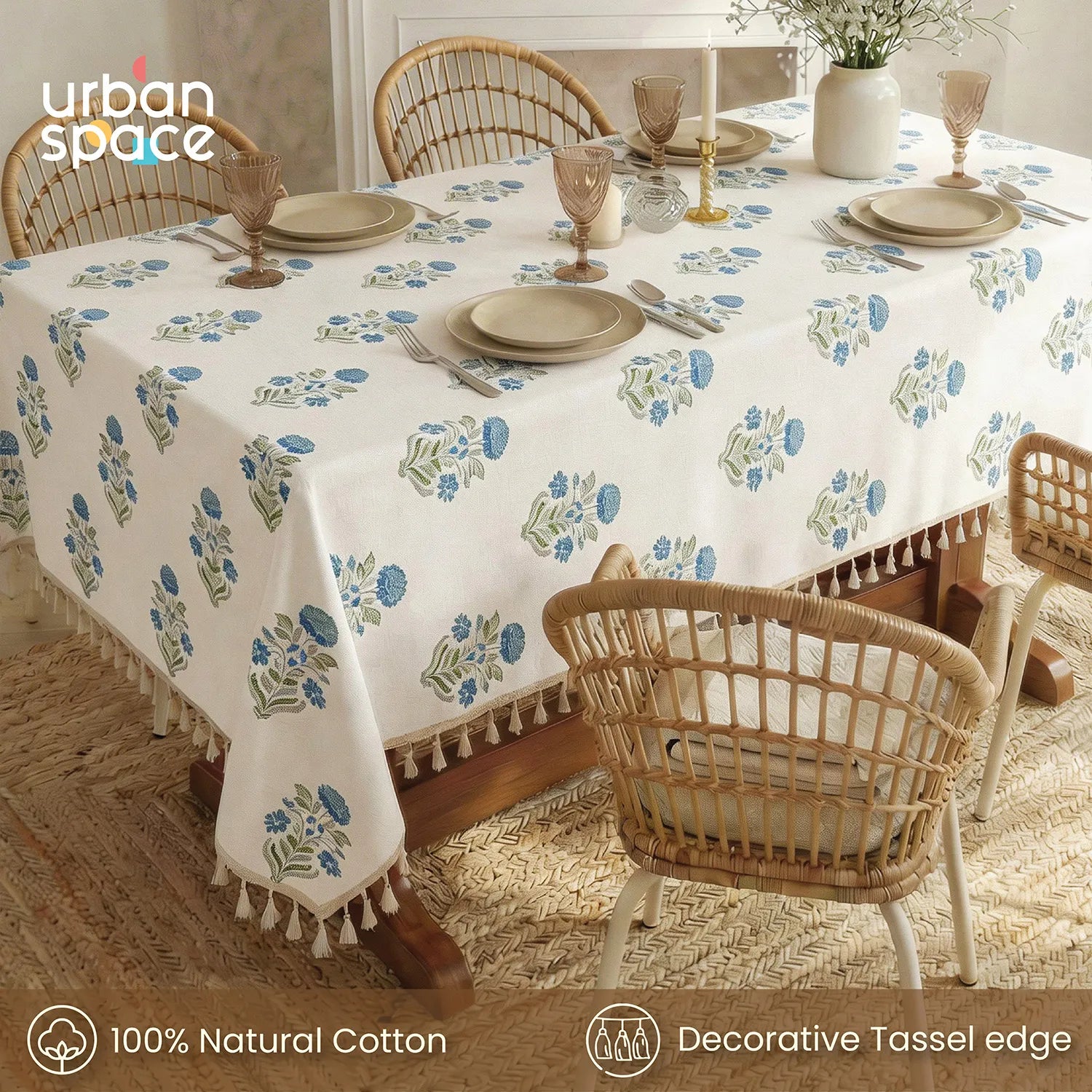 100% Cotton Dining Table Cover, Printed Cotton Table Cloth with Boho Tassels - Liberty Blue
