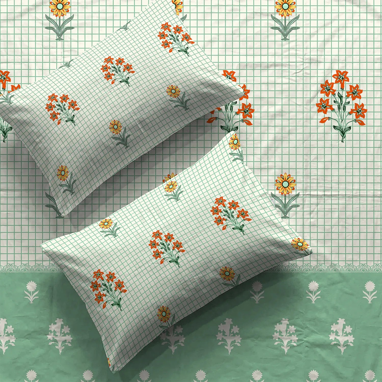 Divine Collection - Cotton Bedsheet With 2 Pillow Covers, Magnolia Sage Green