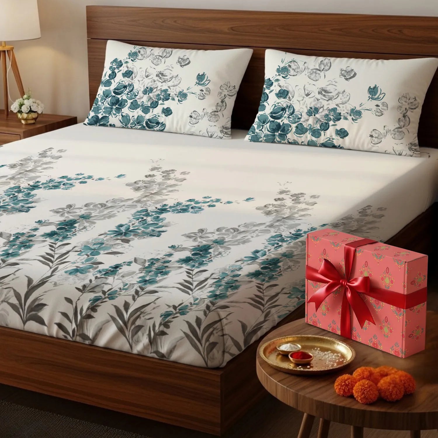 200 TC 100% Cotton Bedsheet Set in Gift Box - Majestic Aqua