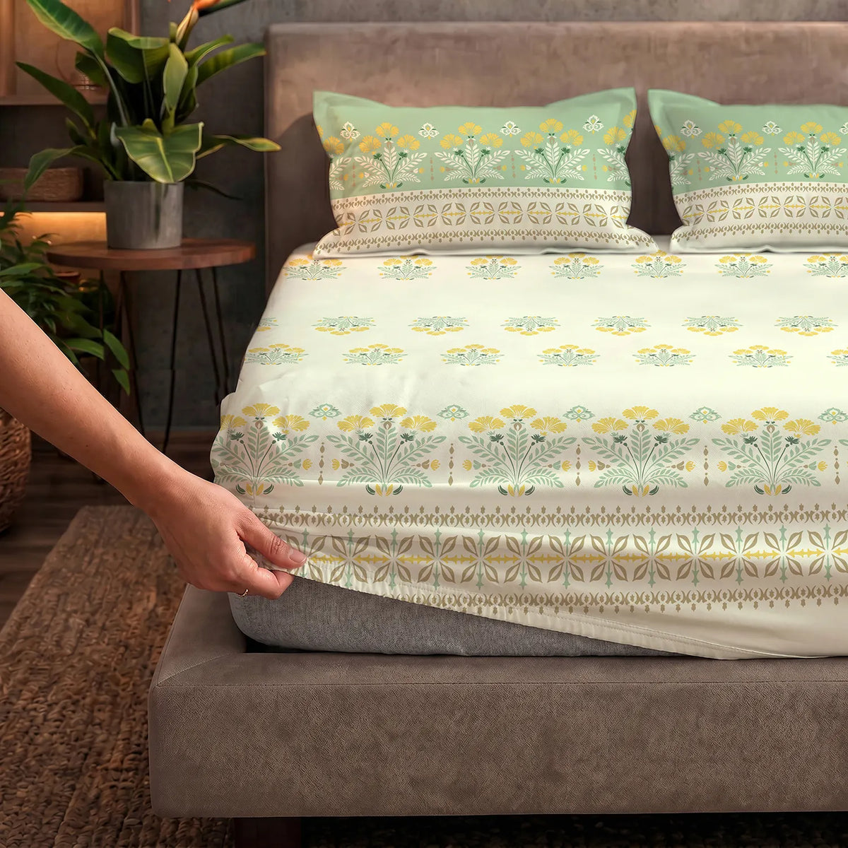 Fitted King Size Cotton Bedsheet - Malhaar Sage Green