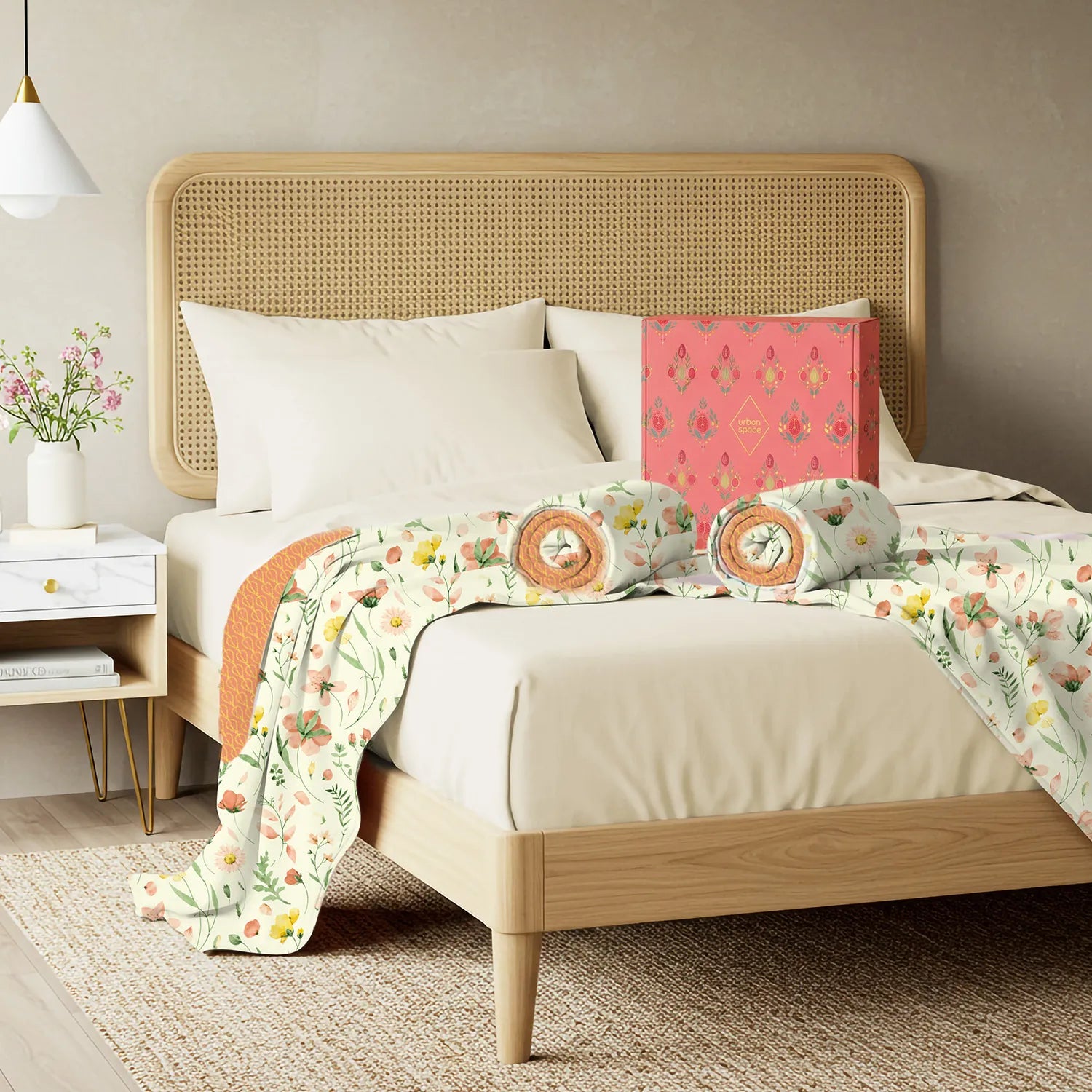 2 Single Bed Malmal Cotton Dohars in a Gift Box, Meadows Buttercream