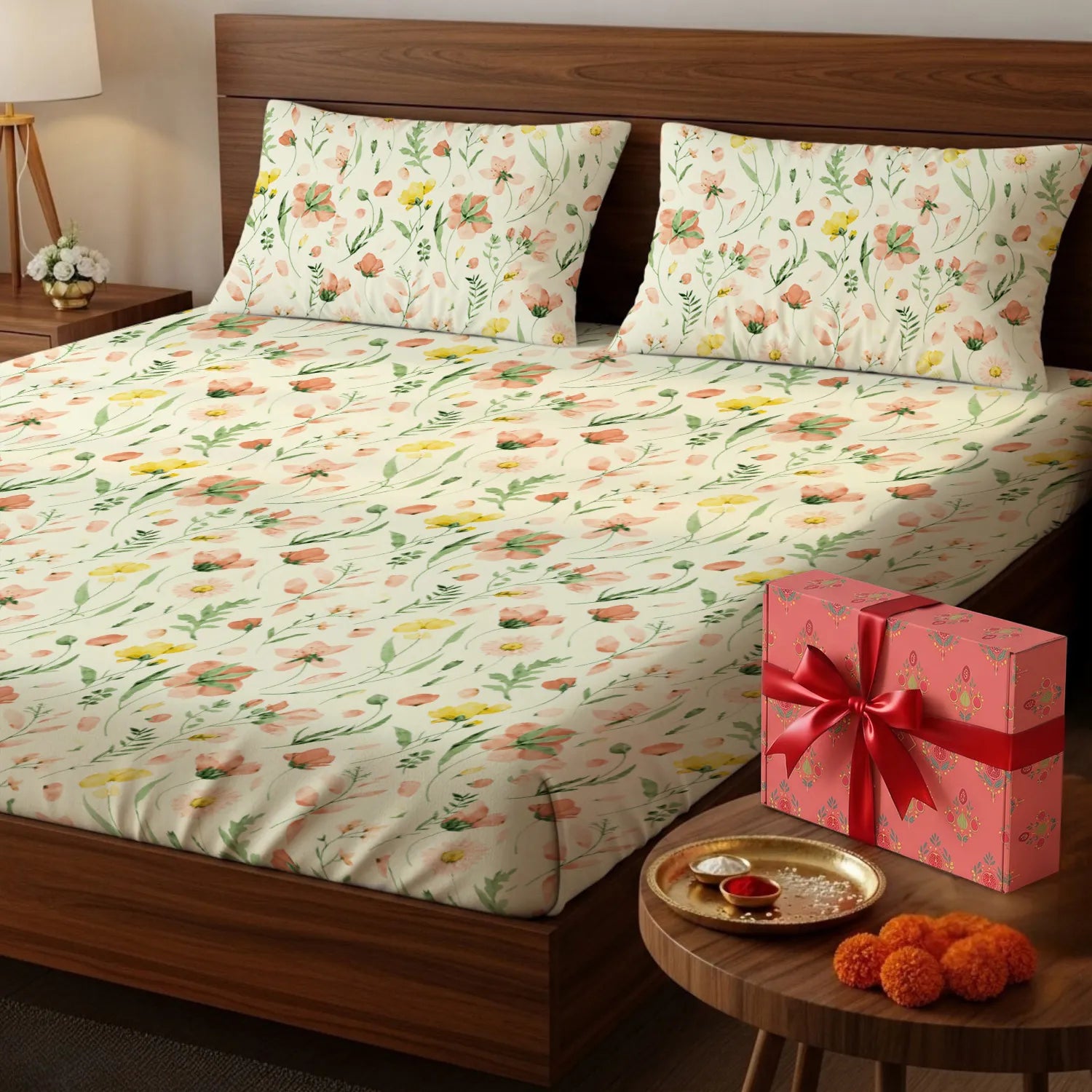 200 TC 100% Cotton Bedsheet Set in Gift Box - Meadows Buttercream