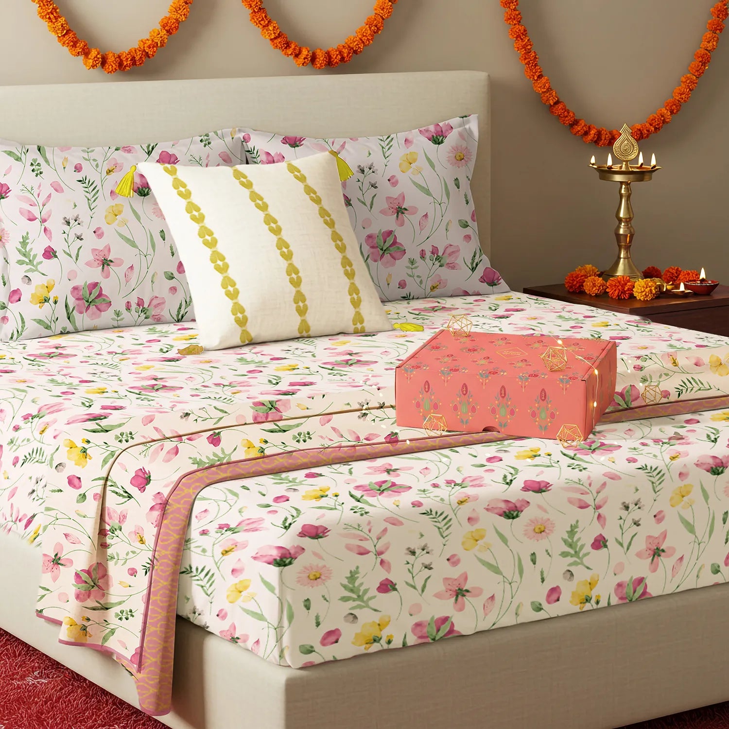 6 Pc Cotton Bedding Set in Gift Box, Meadows Pink