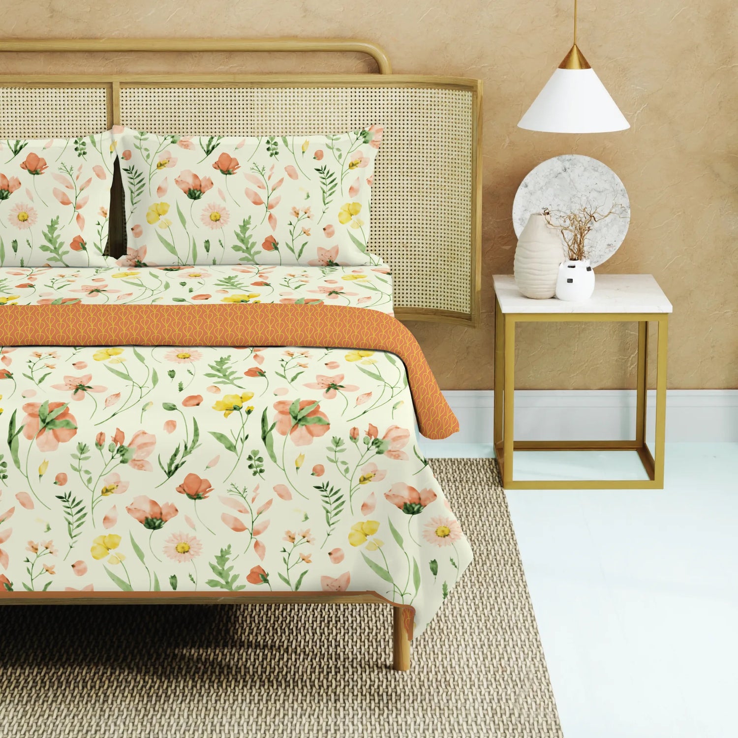 Cotton Bedsheet + AC Cotton Dohar Combo Pack - Meadows Buttercream