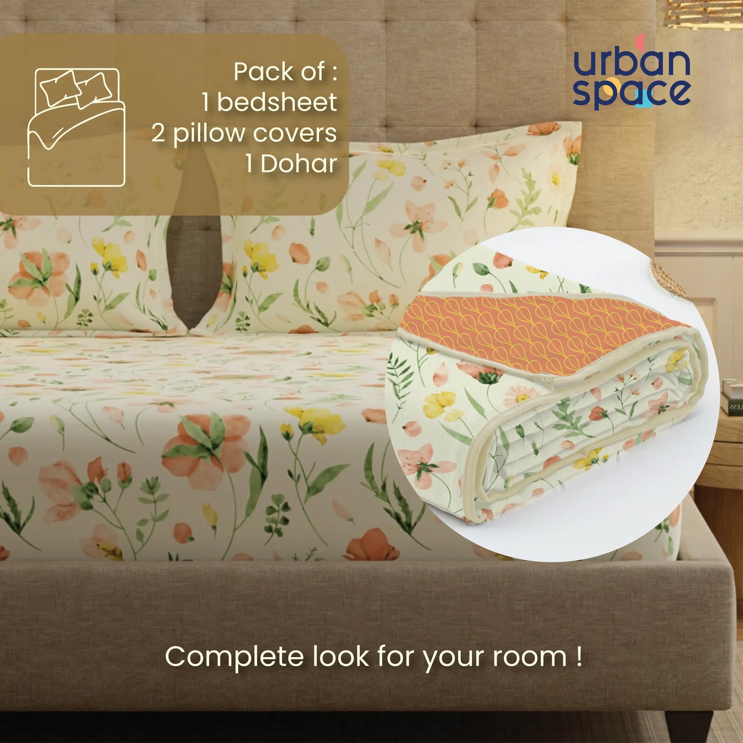 Cotton Bedsheet + AC Cotton Dohar Combo Pack - Meadows Buttercream