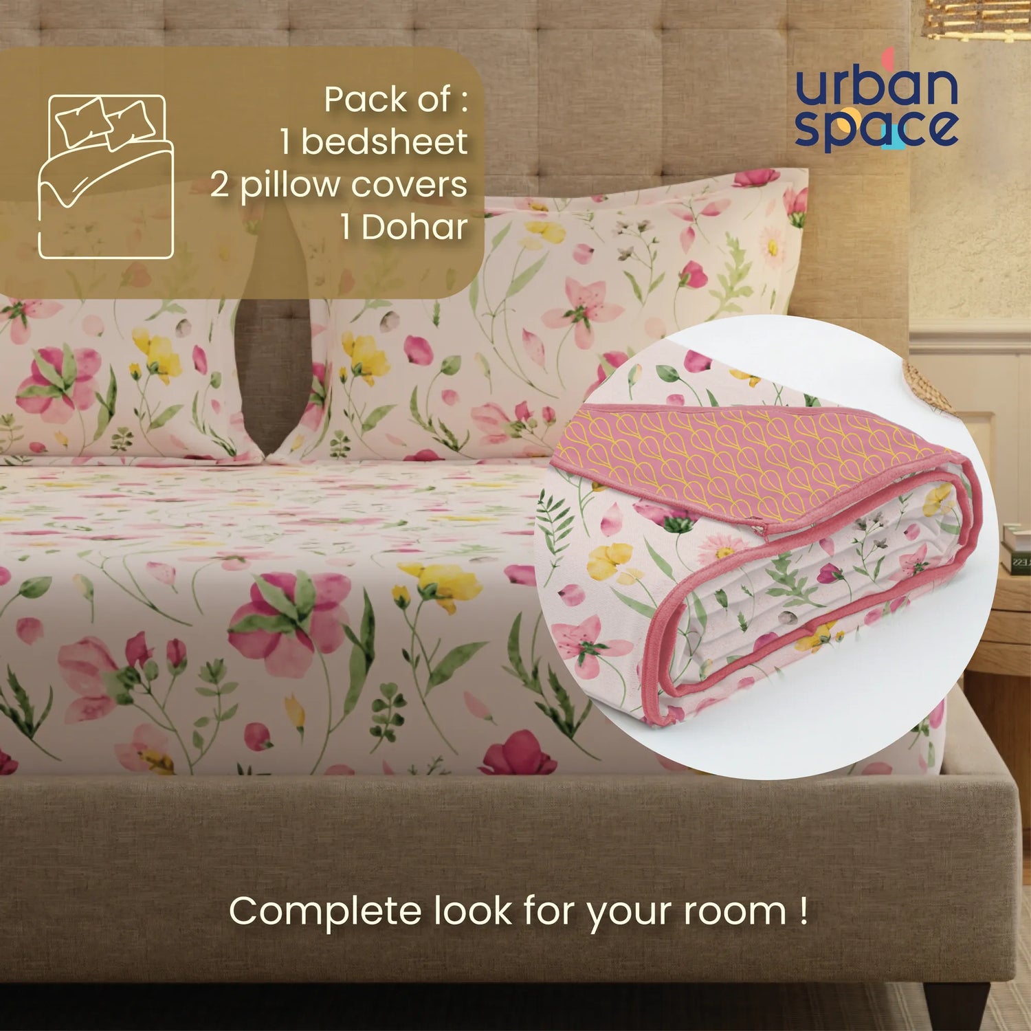 Cotton Bedsheet + AC Cotton Dohar Combo Pack - Meadows Pink