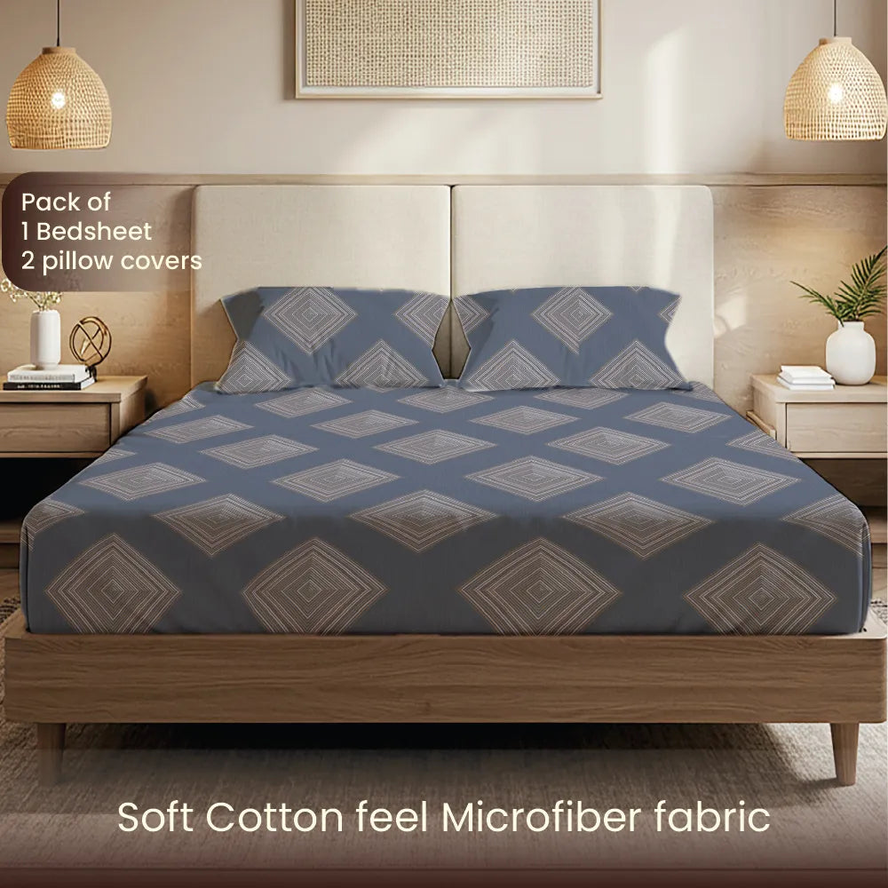 200 TC Glaced Cotton Microfiber Bedsheet with Pillow Covers - Midnight Mist