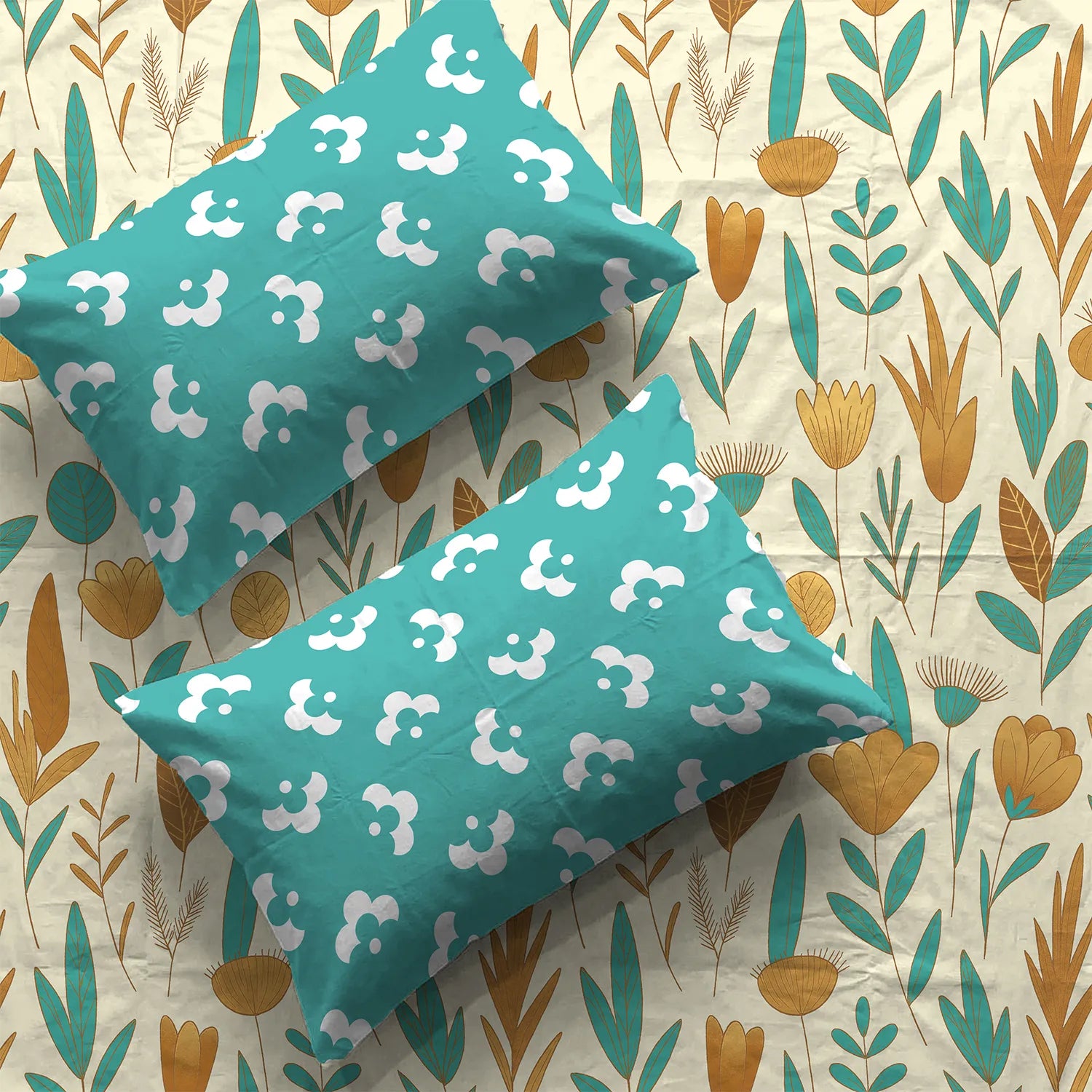 Divine Collection - Cotton Bedsheet With 2 Pillow Covers, Mist Teal Blue