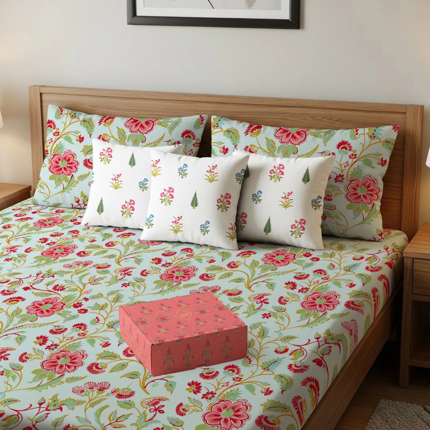 Cotton Double Bedsheet with 3 Cushion Covers in Gift Box Set, Monsoon Skyblue