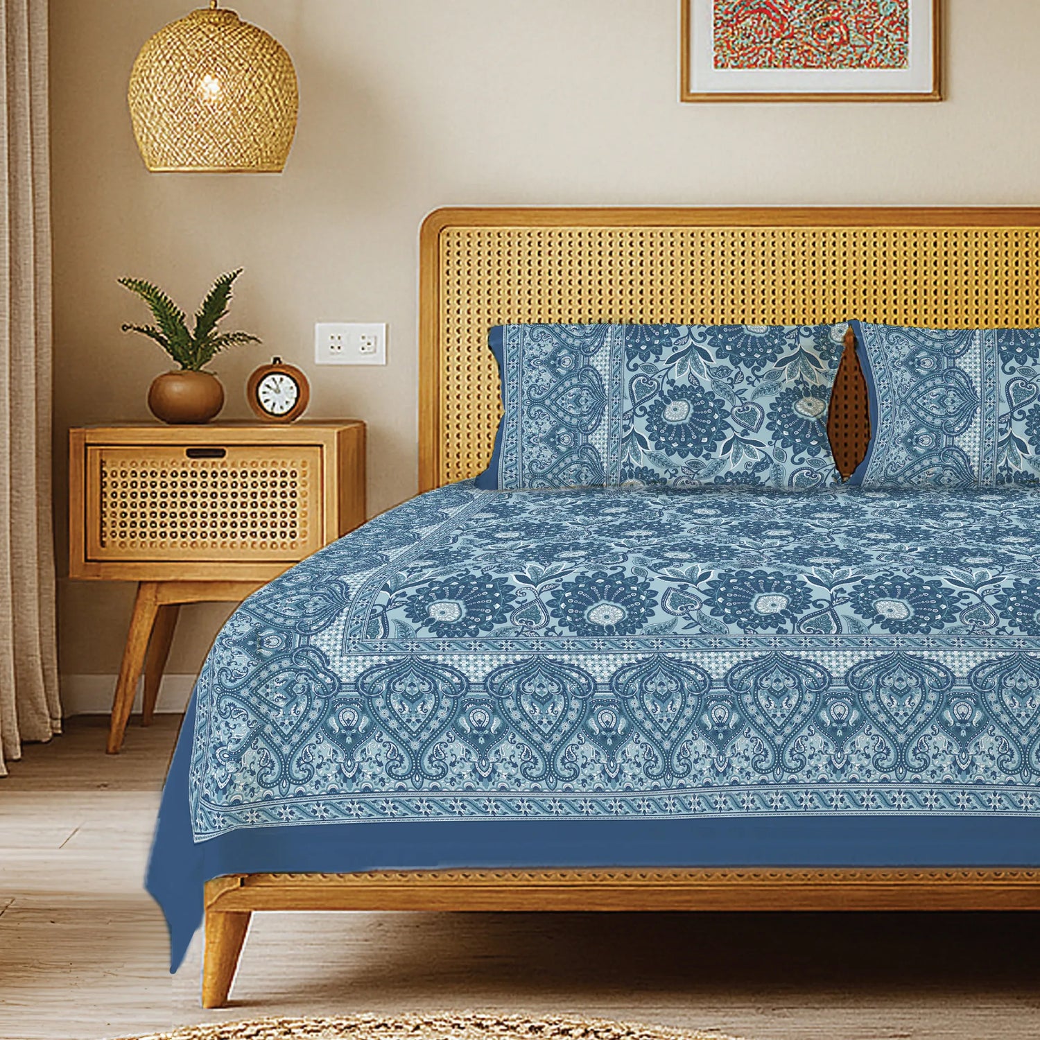 Rajasthani Ethnic 100% Cotton Bedsheet with 2 Pillow Covers, King Bed - Morbagh