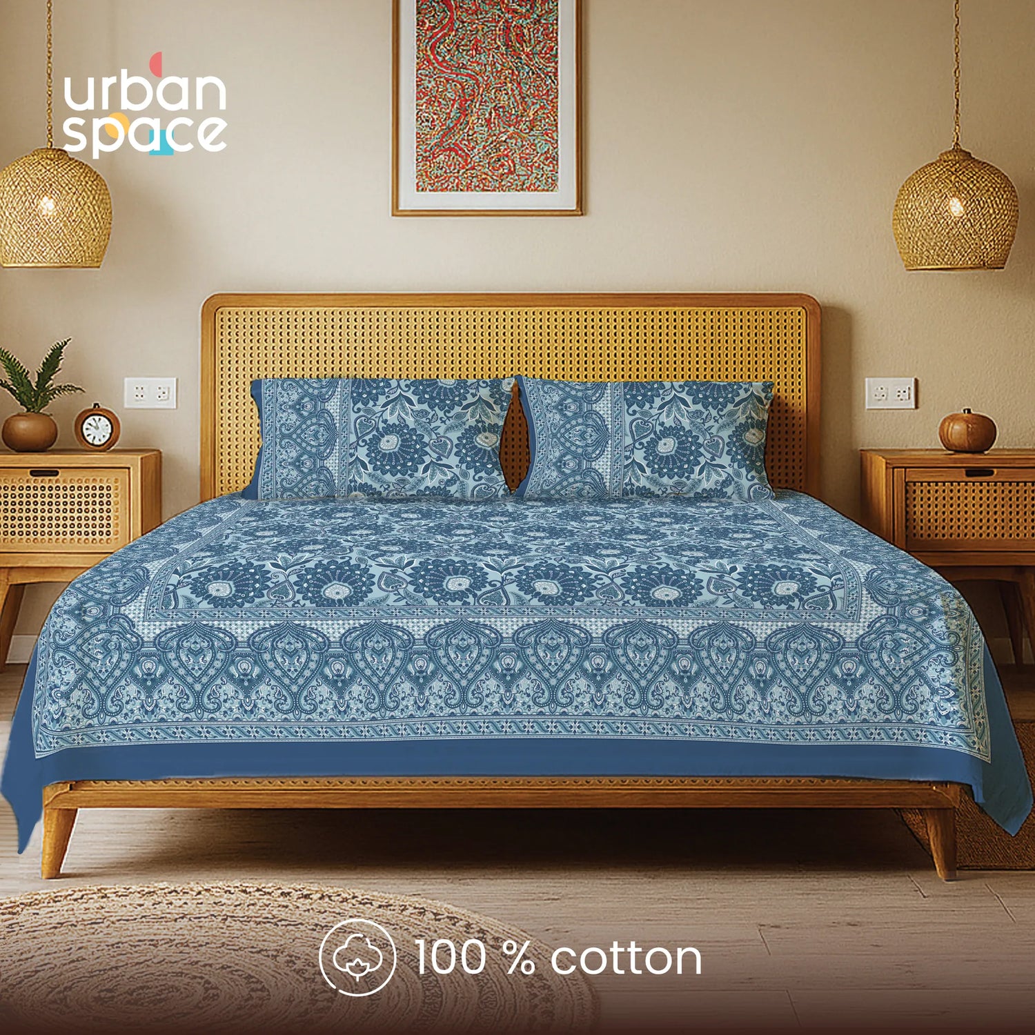 Rajasthani Ethnic 100% Cotton Bedsheet with 2 Pillow Covers, King Bed - Morbagh