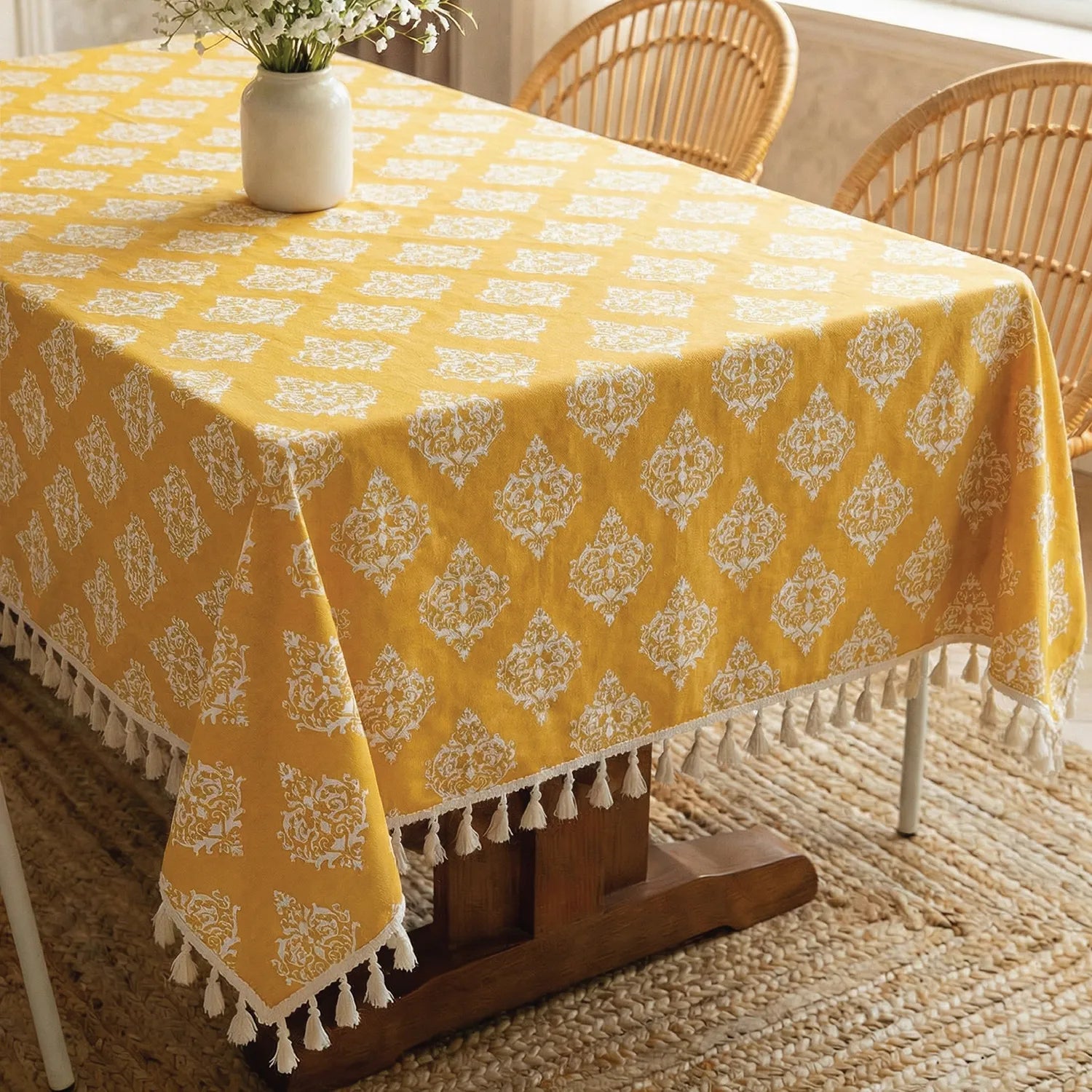 100% Cotton Table cloth/ table cover for 4 or 6 seater Dining / Centre Table - Motif Mustard