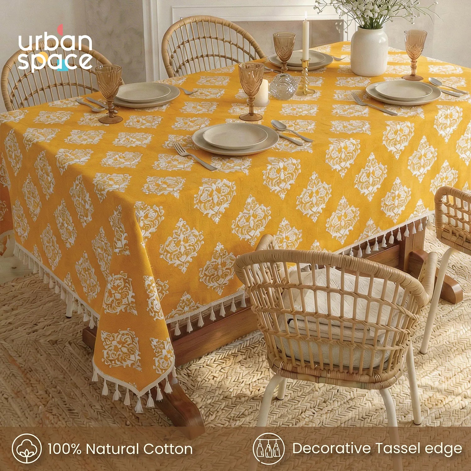 100% Cotton Table cloth/ table cover for 4 or 6 seater Dining / Centre Table - Motif Mustard