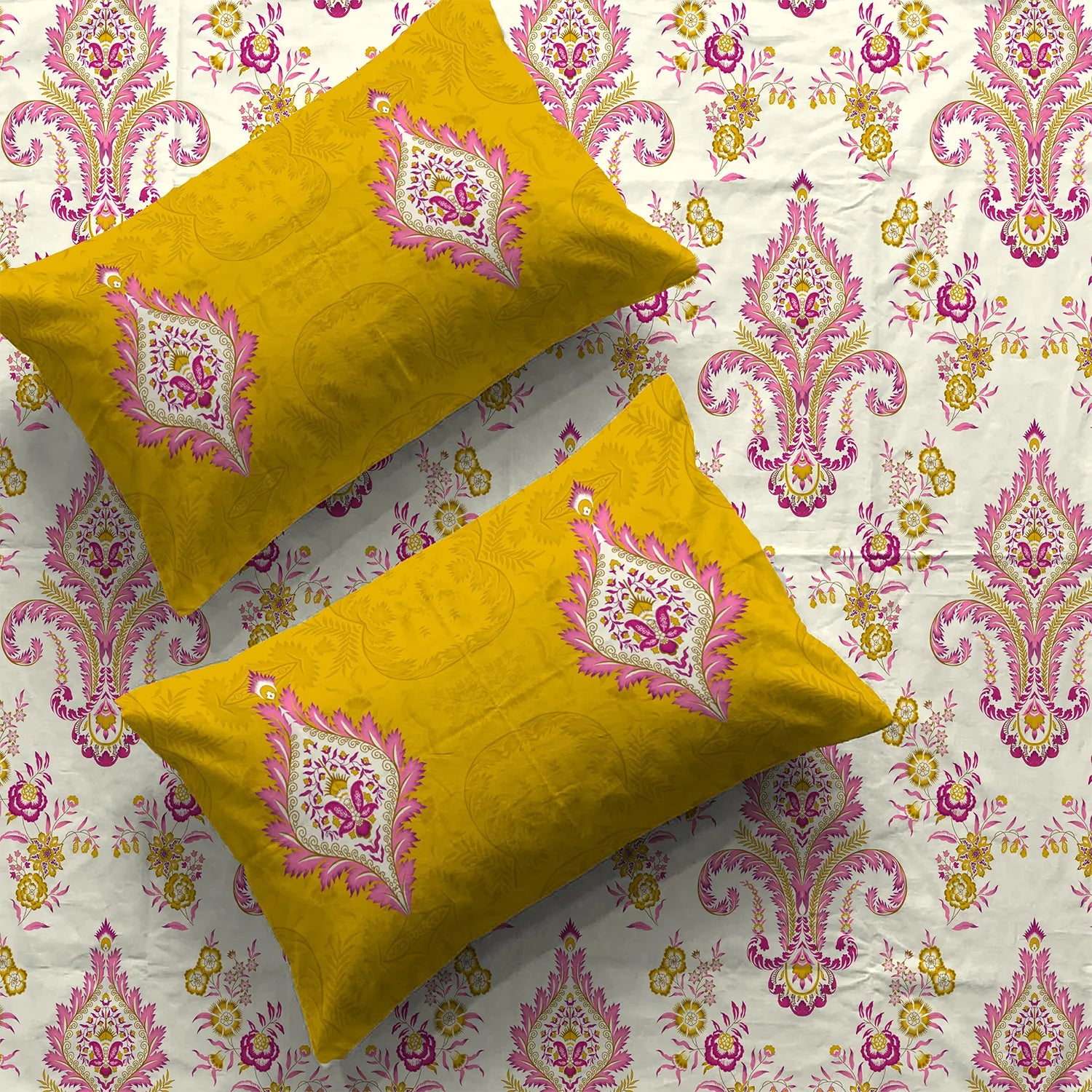 Divine Collection - Cotton Bedsheet With 2 Pillow Covers, Motif Mustard