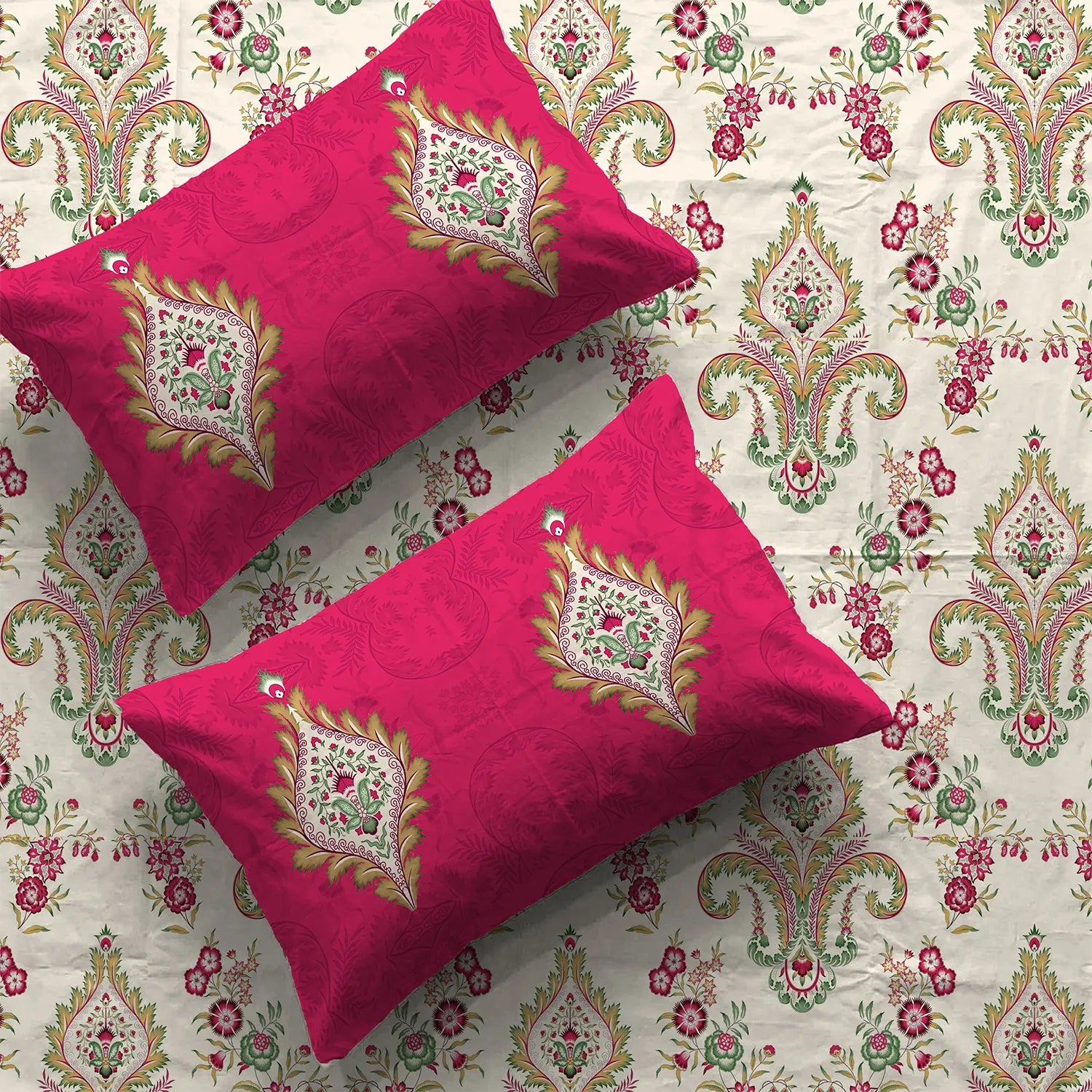 Divine Collection - Cotton Bedsheet With 2 Pillow Covers, Motif Red