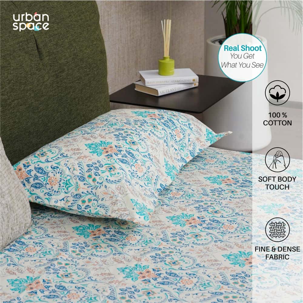 Regal Collection - Breathable 200 TC 100% Pure Cotton Bedsheet with Pillow Cover, Mughal Garden - Blue