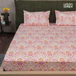 Fitted King Size Cotton Bedsheet - Mughal Garden-Peach