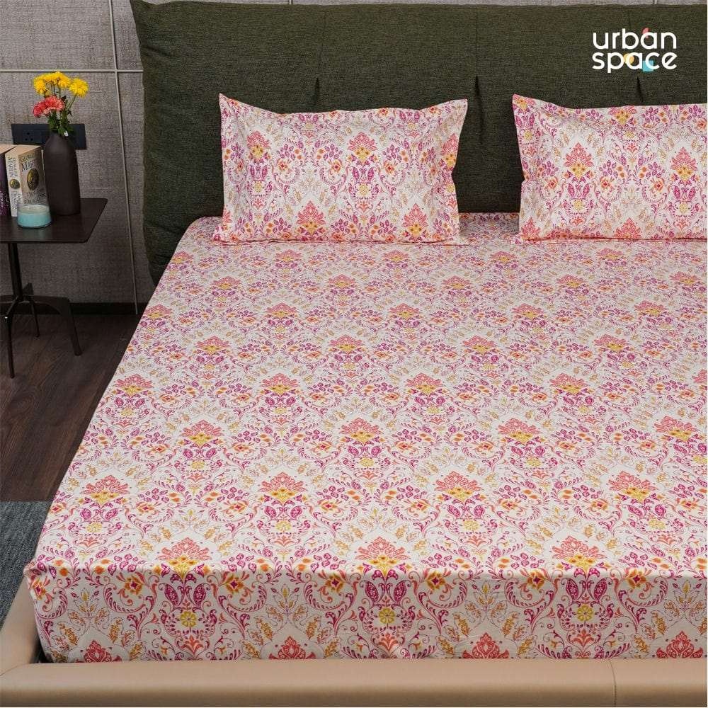 Regal Collection - Breathable 200 TC 100% Pure Cotton Bedsheet with Pillow Cover, Mughal Garden-Peach
