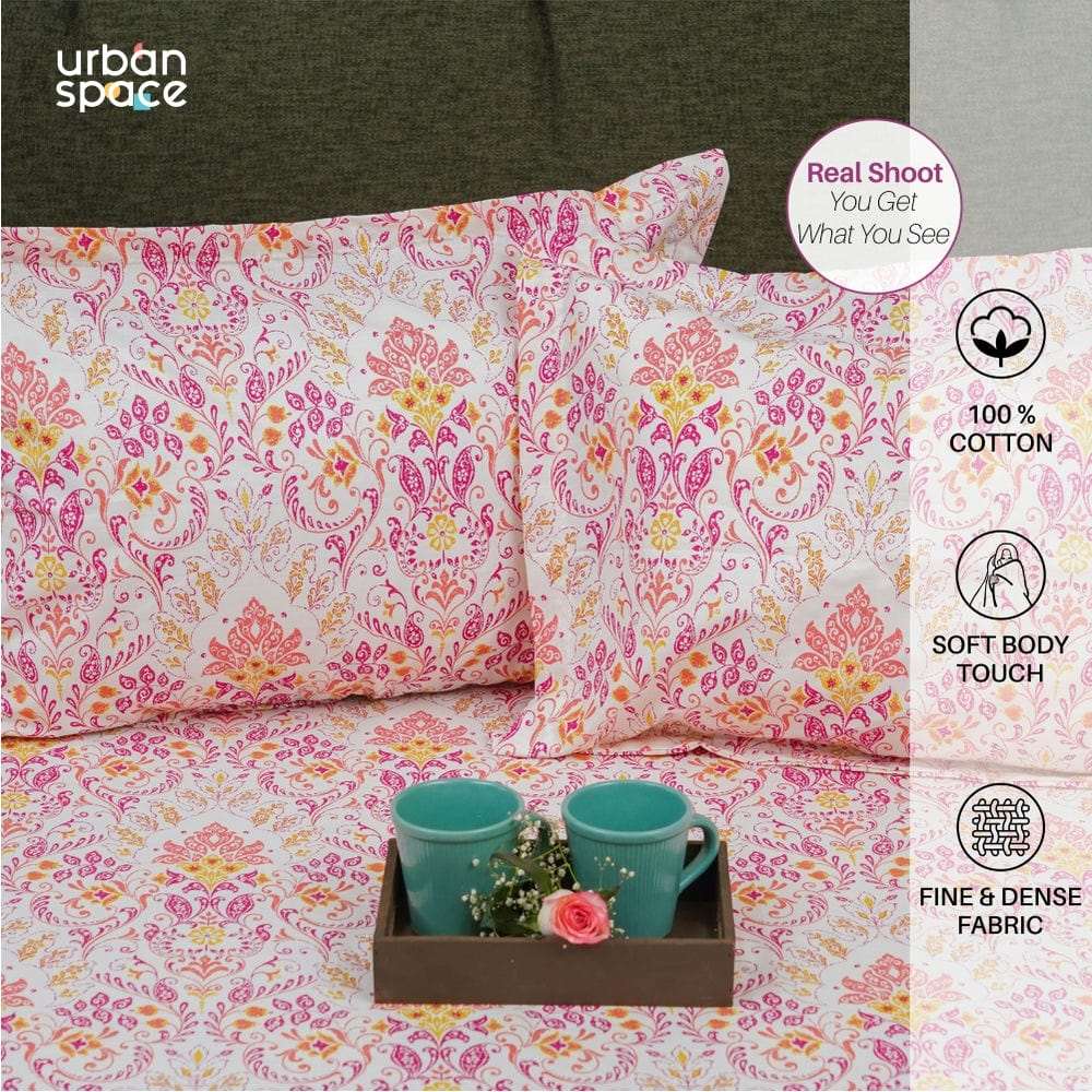 Fitted King Size Cotton Bedsheet - Mughal Garden-Peach