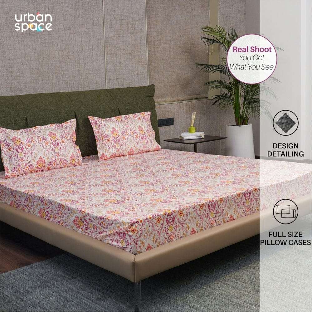 Fitted King Size Cotton Bedsheet - Mughal Garden-Peach