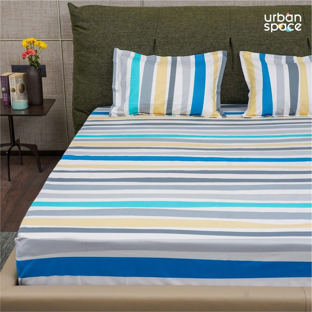 Fitted King Size Cotton Bedsheet - MultiColour Stripes - Blue