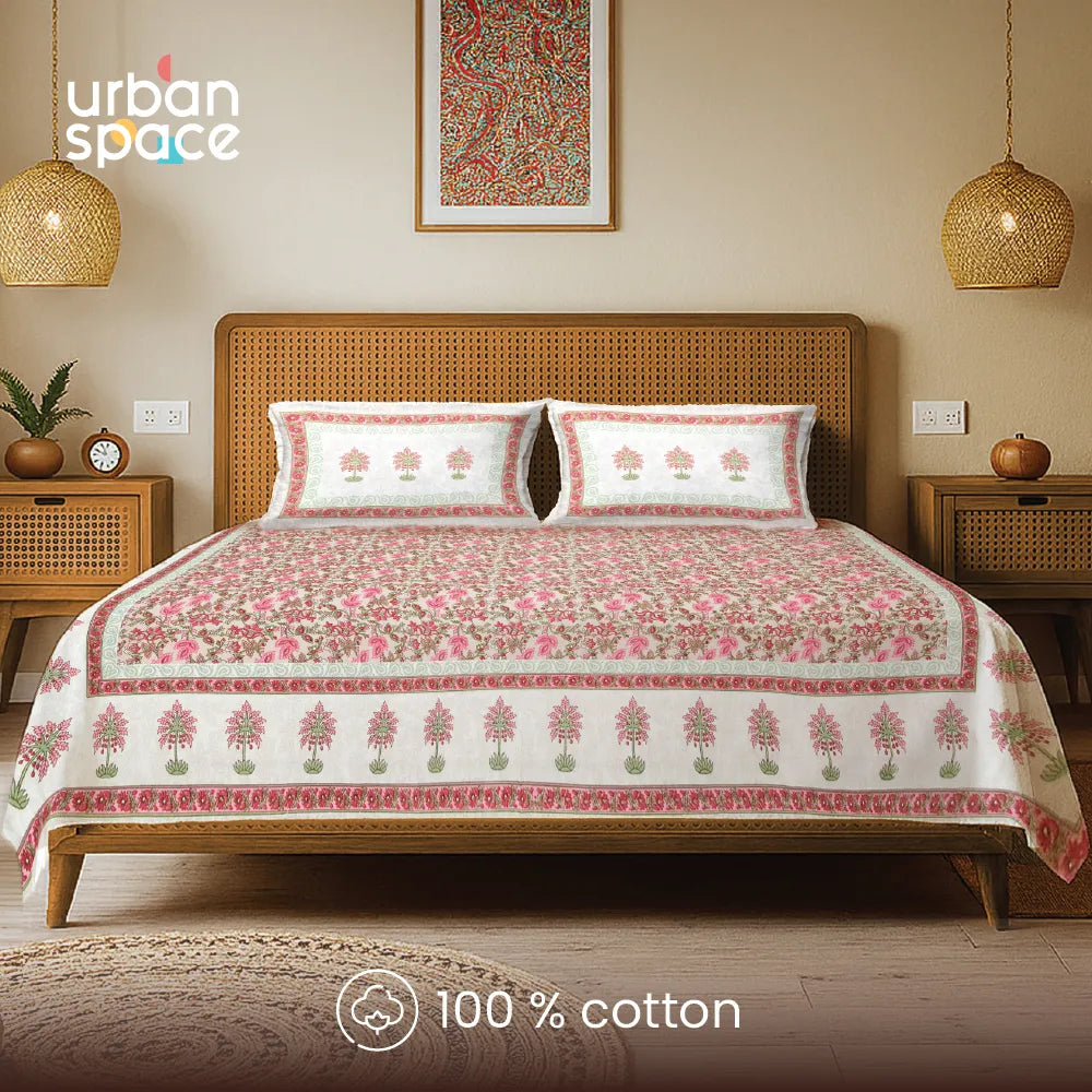 Rajasthani Ethnic 100% Cotton Bedsheet with 2 Pillow Covers, King Bed - Noor Mahal Pink