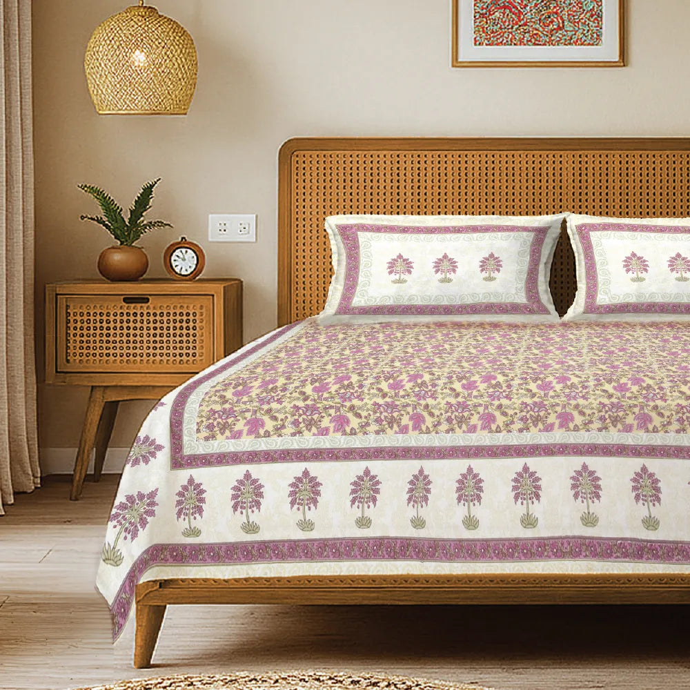 Rajasthani Ethnic 100% Cotton Bedsheet with 2 Pillow Covers, King Bed - Noor Mahal Yellow