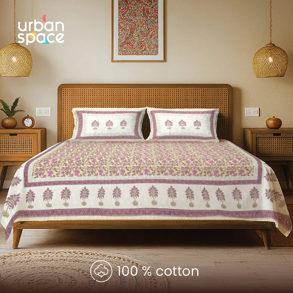 Rajasthani Ethnic 100% Cotton Bedsheet with 2 Pillow Covers, King Bed - Noor Mahal Yellow