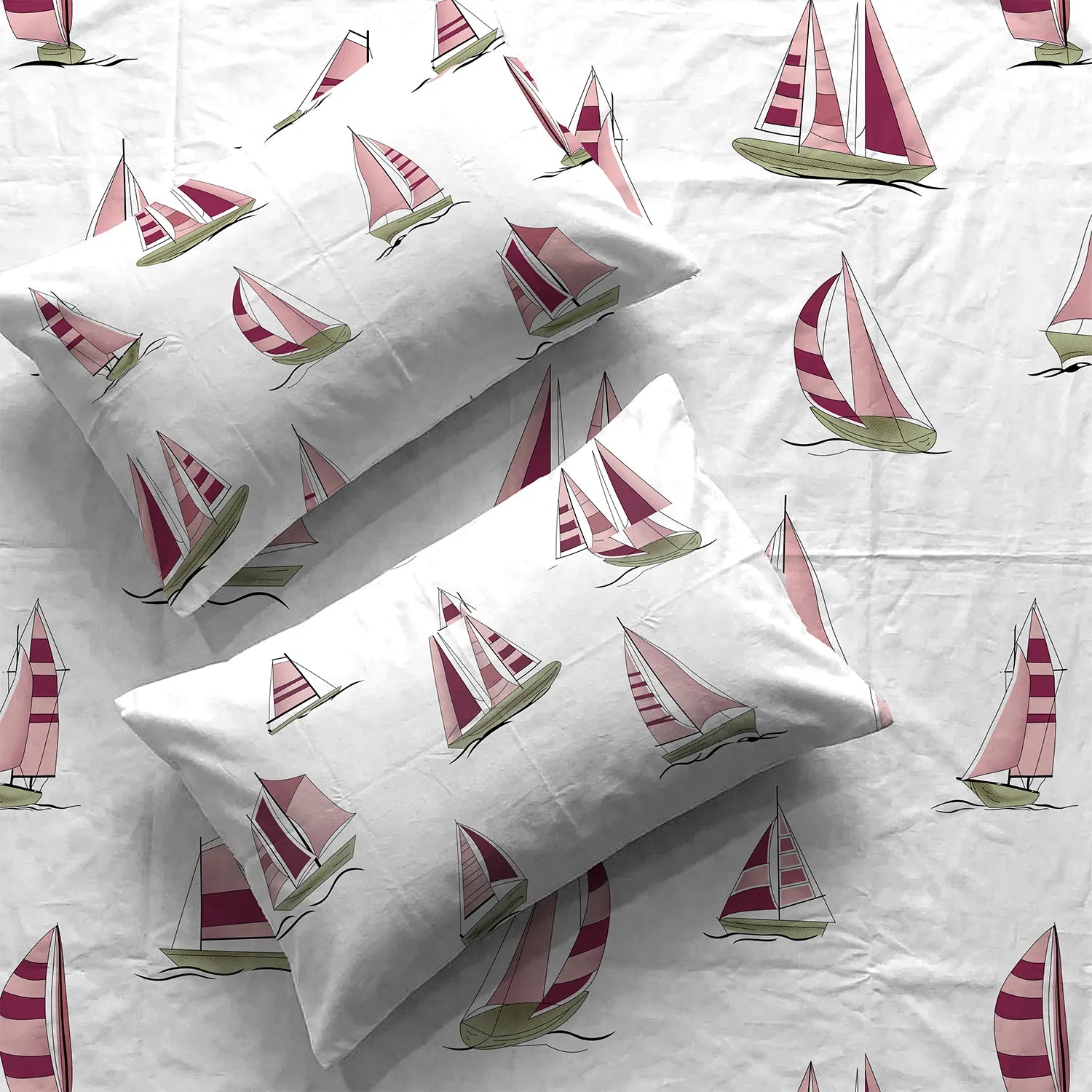 Divine Collection - Cotton Bedsheet With 2 Pillow Covers, Ocean Boats Maroon
