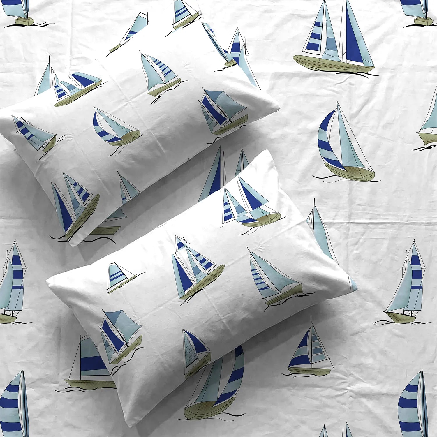 Divine Collection - Cotton Bedsheet With 2 Pillow Covers, Ocean Boats Blue