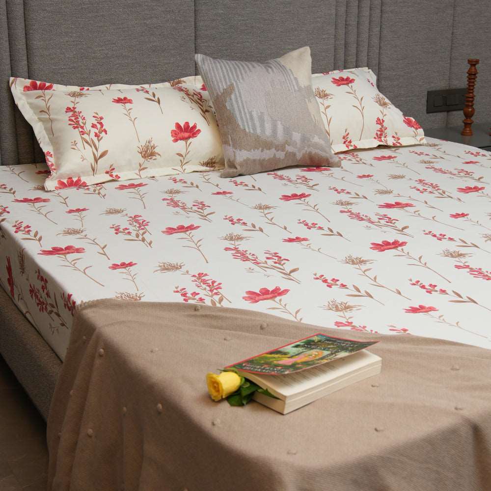 Serene 200 TC 100% Cotton Single Bedsheet with Pillow Covers - Orchid Blooms - Pink