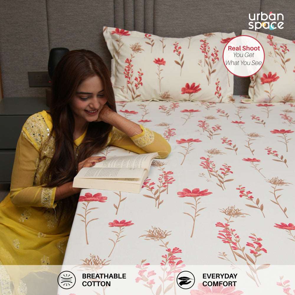 Serene 200 TC 100% Cotton Single Bedsheet with Pillow Covers - Orchid Blooms - Pink